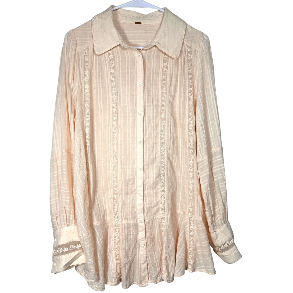 Free People Womens Mikaila Blouse Small Peach Cotton Embroidered Peplum Top Boho